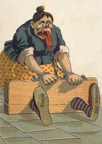 קריקטורה אנטי-סופרג'יסטית - שנת 1913 - על האמצעים להשתקת נשים שמפרות את הסדר החברתי.